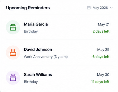 Never miss a birthday or work anniversary